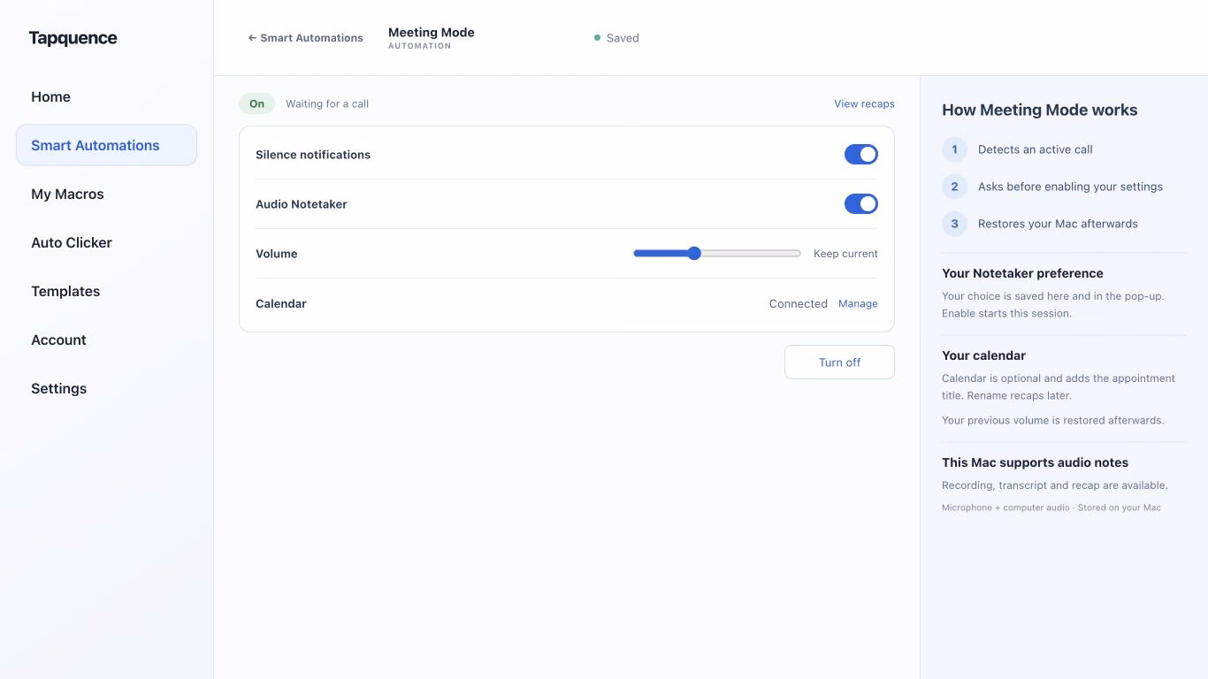 Tapquence Meeting Mode settings showing notification, Audio Notetaker and volume choices.