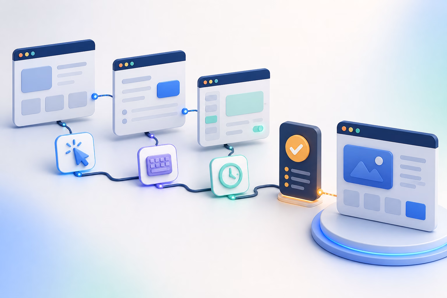 Browser workflow connected by click, keyboard, wait and review steps