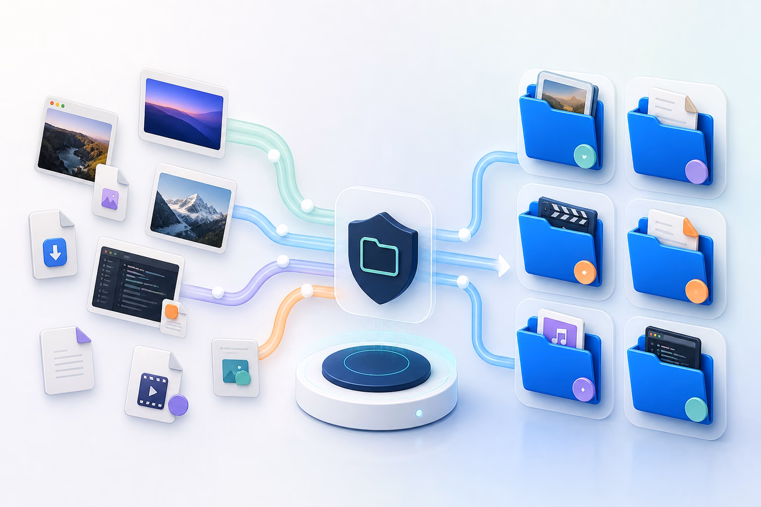 Screenshots and local files moving through a controlled workflow into organized folders