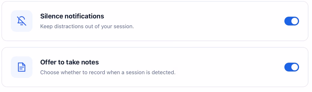 The two real Meetings preferences: Silence notifications and Offer to take notes