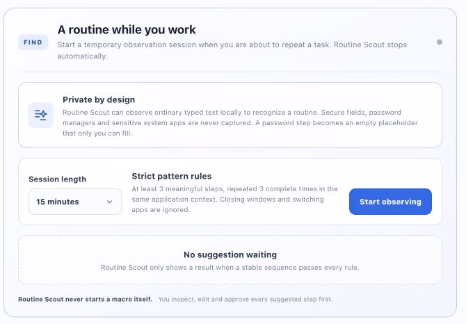 Routine Scout session controls in the real Tapquence Mac app