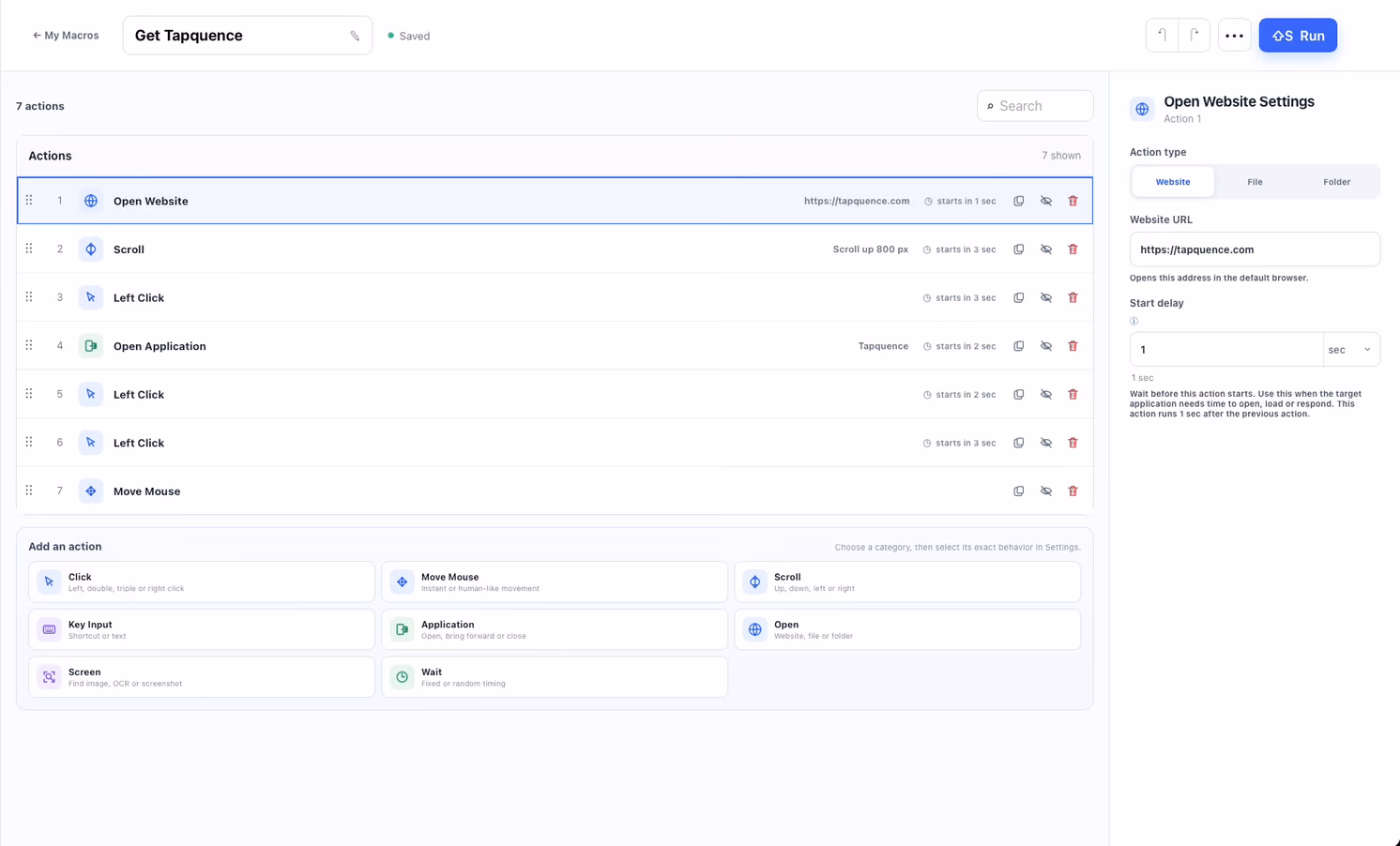 Real Tapquence visual macro editor with mouse, keyboard, website and wait actions