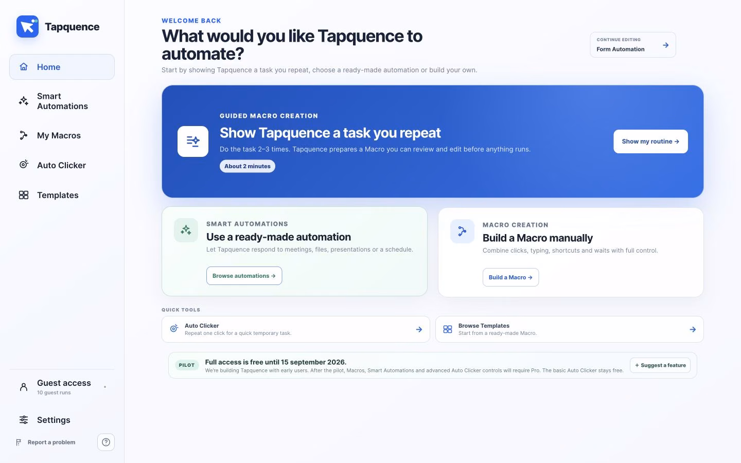 Tapquence Test app showing a visual Mac automation workflow
