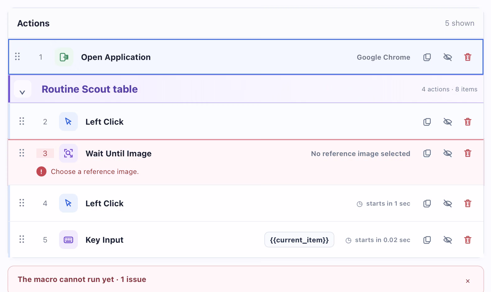 Tapquence Test macro editor showing ordered workflow actions
