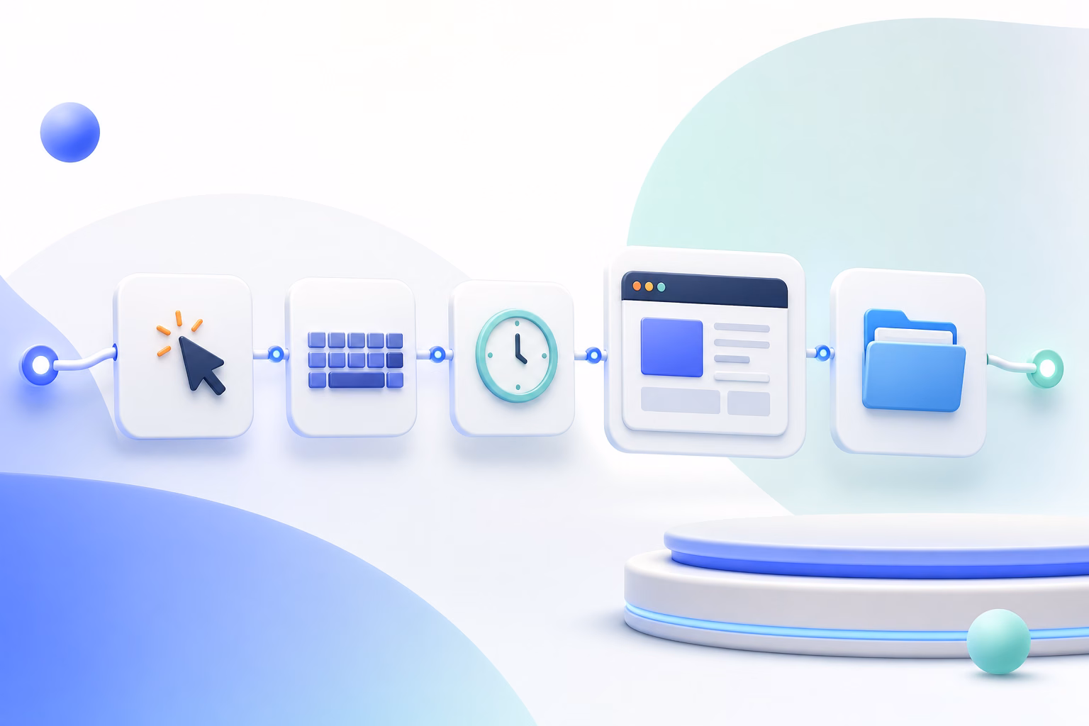 Visible Mac automation workflow connecting clicks, keyboard input, waits, browser actions and files
