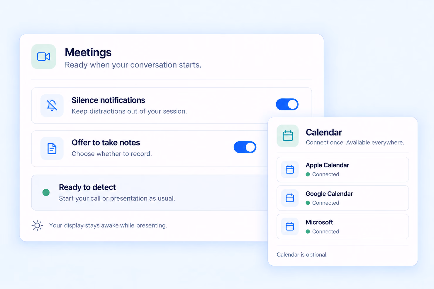 Tapquence Meetings preferences and optional calendar connections
